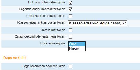 WebUntis basispakket 42 Roosterweergave Oud of Nieuw afbeelding 42 Onderaan de instellingen van het roosterformaat vindt u de optie Roosterweergave, waar u kunt kiezen tussen Oud en Nieuw.