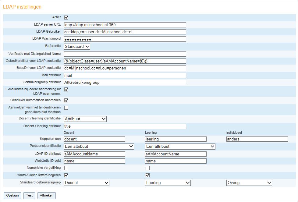 WebUntis basispakket 51 Voorbeeld LDAP Gebruiker/Wachtwoord Als voor de LDAP verificatie een gebruikersnaam nodig is, dan kan deze hier worden ingevoerd.