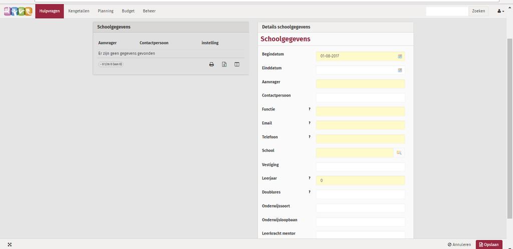 Klik op Nieuwe schoolgegevens toevoegen Vul de gegevens zo volledig mogelijk in (de gele velden zijn verplicht) en klik op