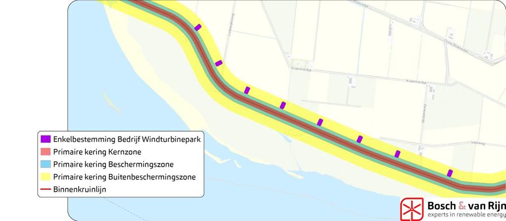 (funderingen van) de windturbines komen te liggen, samen met de zones rondom de dijk. In het MER is onderzocht wat de faalkanstoename van de dijk is als gevolg van de plaatsing van windturbines.