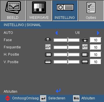 Bedieningselementen gebruiker INSTELLING Signaal (RGB) Signaal wordt alleen ondersteund in het analoge VGAsignaal (RGB). AUTO Selecteert automatisch het signaal.