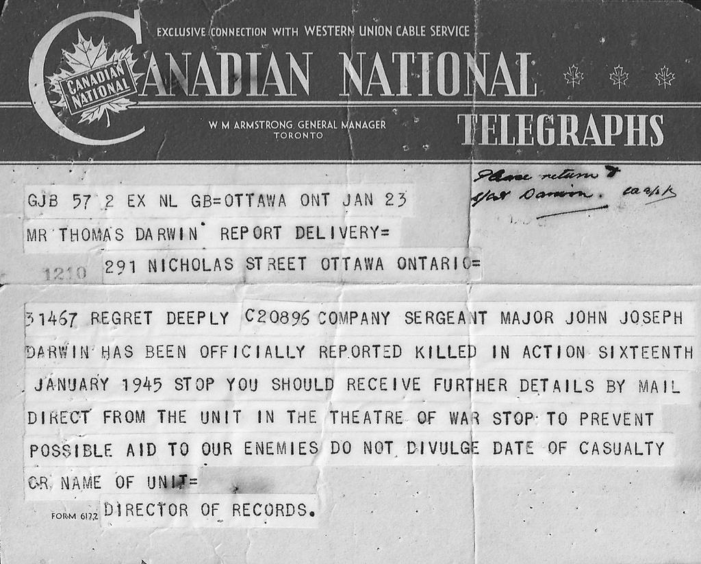 Door een wrede speling van het lot tekende Howard, de 14-jarige toegewijde jongere broer van Jack die krantenverkoper in Ottawa was, voor de ontvangst voor het telegram waarin de dood van Jack in