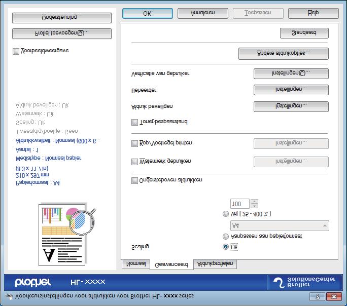 Driver en software Het tabblad Geavanceerd 2 2 1 2 3 4 5 6 7 8 9 Wijzig de tabbladinstellingen door op de volgende instellingen te klikken: (1) Scaling (2) Ondersteboven afdrukken (3) Watermerk