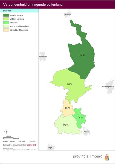 Figuur 3: Het percentage van de burgers per regio dat aangeeft zich verbonden te voelen met het ons omringende buitenland De activiteiten die Limburgers in het aangrenzende buitenland beoefenen