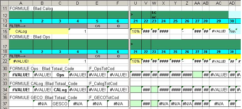 XX. Blad Form Formules Bevat de formules om de cellen van de overeenstemmende kolommen uit de werkbladen Ops, Calog en Totaal_Code & Totaal-Code X-1, te herstellen.
