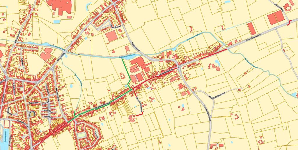 Stratenplan met het traject in rood