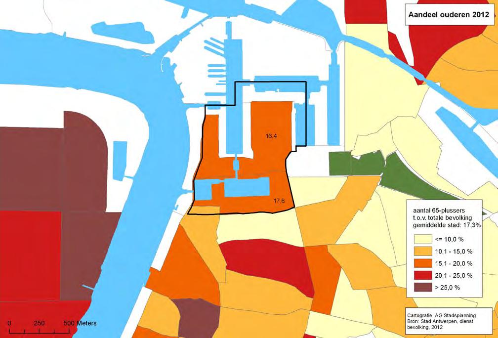 Kaart 6: Aandeel ouderen 2012 Het aandeel ouderen scoort gemiddeld voor de stad Antwerpen met waarden rond 17%.