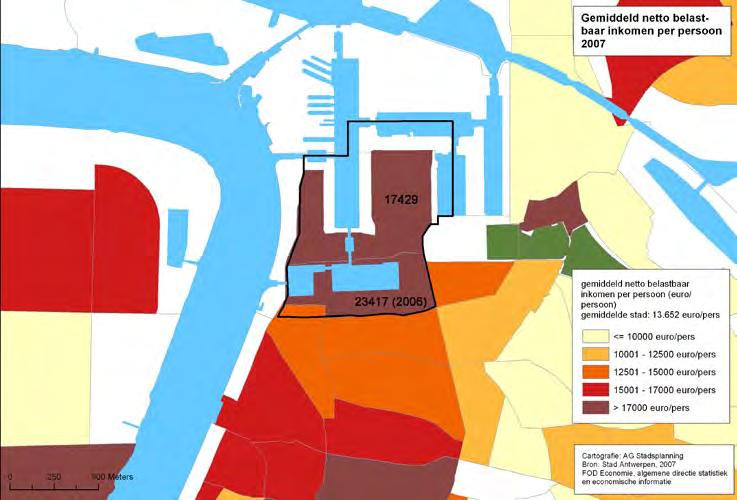 Kaart 15: Gemiddeld netto belastbaar inkomen per persoon 2007 Het gemiddeld inkomen per inwoner (cijfers slechts beschikbaar tot 2007) is voor beide wijken veel hoger dan het stedelijk