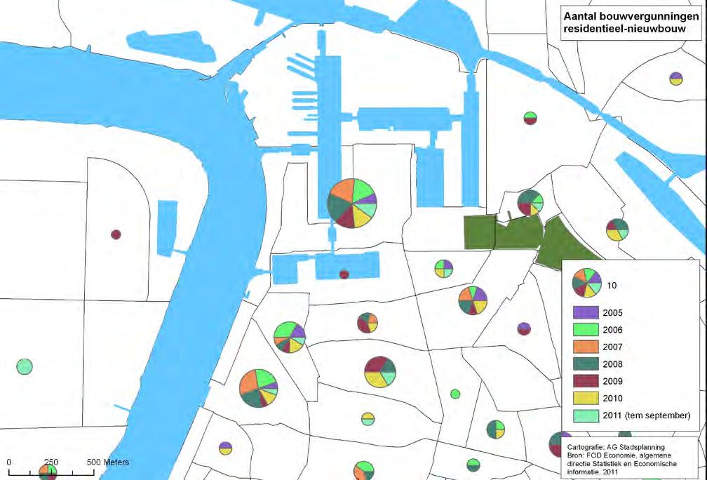 Kaart 22: Aantal bouwvergunningen residentiële nieuwbouw Het aantal bouwvergunningen voor residentiële nieuwbouw voor de laatste vijf jaar, is