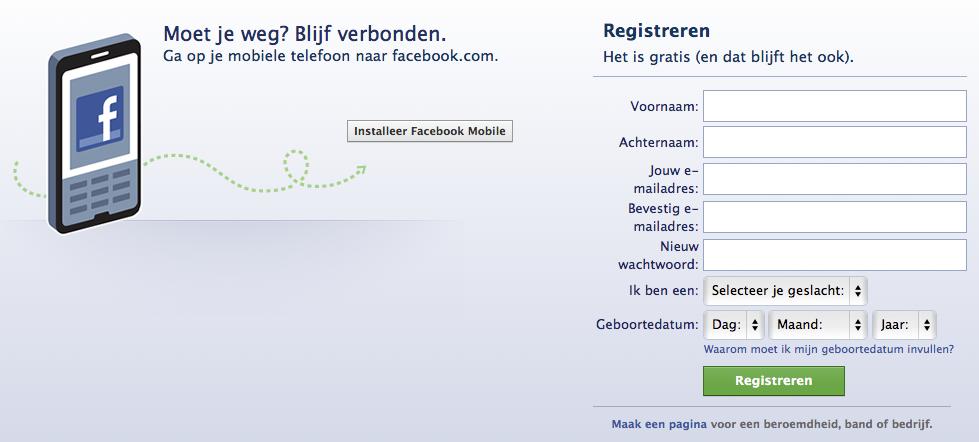 Handleiding Facebook- pagina Een pagina aanmaken Zonder persoonlijk profiel: Ga naar http://www.facebook.