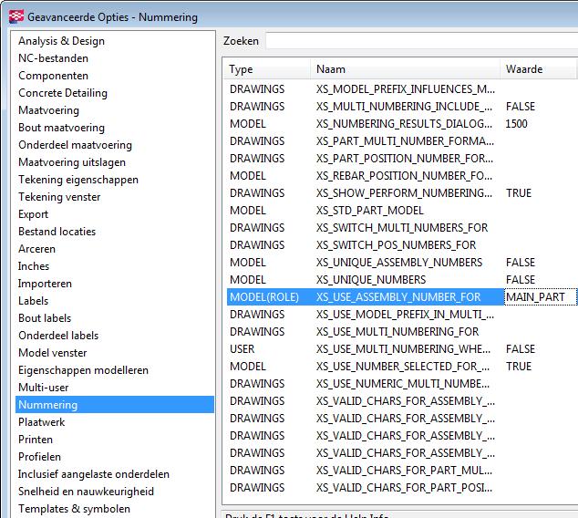 Een model(role)specifieke variabele aanpassen Algemeen U stelt in het nieuwe model in Tekla Structures de modelspecifieke variabele XS_USE_ASSEMBLY_NUMBER_FOR in op MAIN_PART in het dialoogvenster