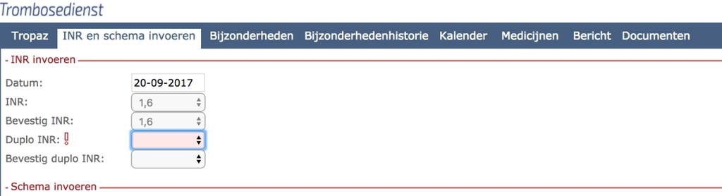 Is de INR bij de tweede meting wederom < 1,8 of > dan 6,0 en u klikt op Opslaan dan verschijnt de volgende de mededeling: De INR ligt tweemaal buiten het acceptabele bereik, stuur direct een bericht