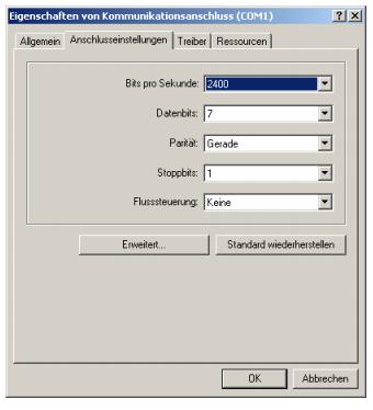 - Controleer de eigenschappen van de COM- poort in de Windows Device Manager Belangrijk: 2400 Bits per seconde.
