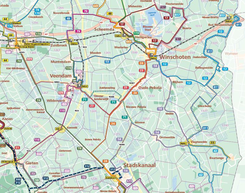 Oost Groningen Ontwerp hoofdlijnen dienstregeling 2018 Scheemda - Zuidebroek Lijn 79 vervallen Delfzijl - Winschoten Lijn 119 's avonds en zondag naar kleinere bus Oost Groningen Veendam - Winschoten