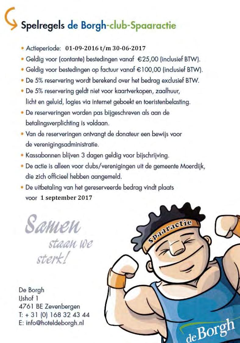 DE BORGH -CLUB- SPAARACTIE De Borgh -club- Spaaractie die t/m 30 juni 2016 liep, heeft voor de club 69,93 opgeleverd. Niet zo veel als voorgaande jaren, maar toch weer een leuk extraatje!