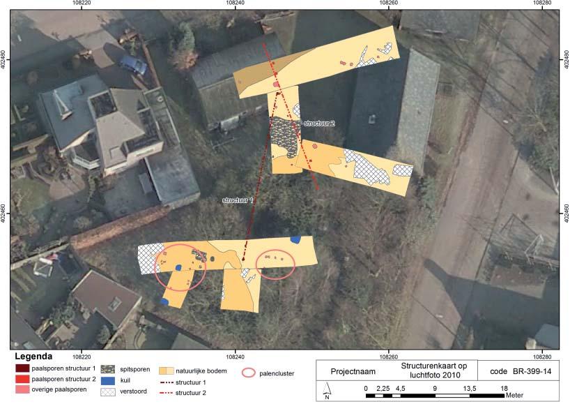 Afb. 11. Structurenkaart geprojecteerd op luchtfoto 2010. ven was ligt in het midden van dit palencluster.