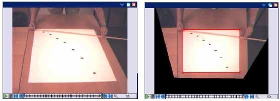 figuur 2: Een filmbeeldje voor (links) en na (rechts) correctie van het perspectief. De afbeelding an figuur 2 hebben we daarna nog herschaald naar het formaat zoals dat in figuur 1 is gebruikt.