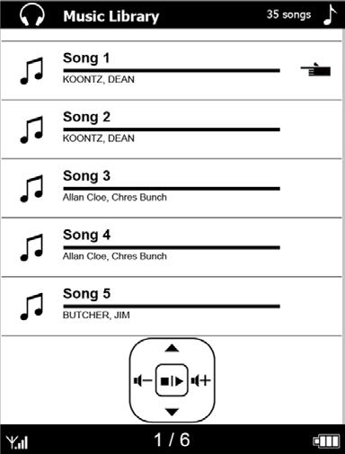 Muziek afspelen Om de muziekmodus te openen, selecteert u Music Library (Muziekbibliotheek) op het startscherm. Gebruik de 5 way (5-wegcontroller) om uw muziekbestanden af te spelen (MP3).