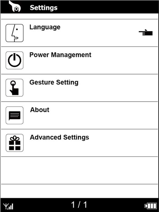 IInstelling Language (Taal), Power Management (Energiebeheer), Gesture Setting (Bewegingsinstelling), Systeeminfo.