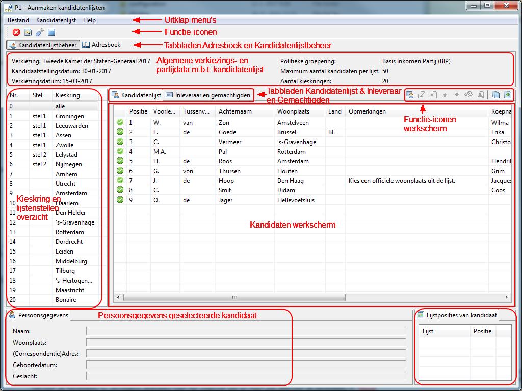 AFBEELDING 4: INDELING VAN GEBRUIKERSINTERFACE VAN PROGRAMMA 1 (KANDIDATENLIJSTWEERGAVE) Het linkerdeelvenster, het Kieskringoverzicht, bevat een lijst met kieskringen en wordt alleen getoond bij