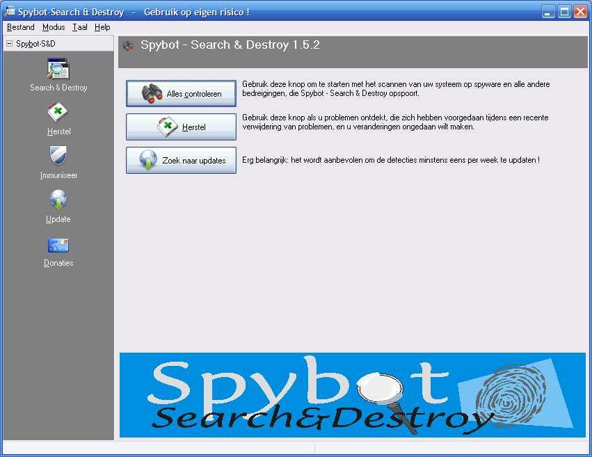 Spybot Search & Destroy V1.5.2 Startscherm van Spybot 1.5.2 Spybot-Search & Destroy is net zoals Ad-Aware een programma dat spyware verwijdert van Uw PC.