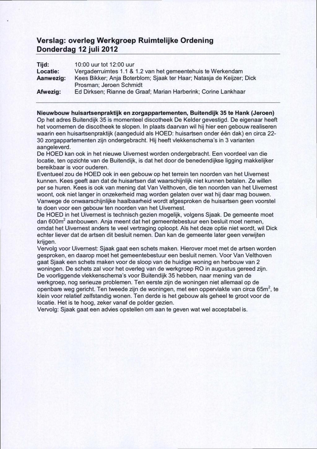 Verslag: overleg Werkgroep Ruimtelijke rdening Donderdag 12 juli 2012 Vergaderruimtes 1.1 & 1.