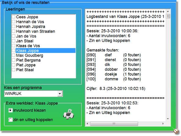 11 2.4 WinRijk Help Resultaten Als u via Instellingen op Resultaten hebt geklikt, ziet u het volgende scherm: Leerlingen hier komen de leerlingen die al een beurt hebben gehad te staan van elke