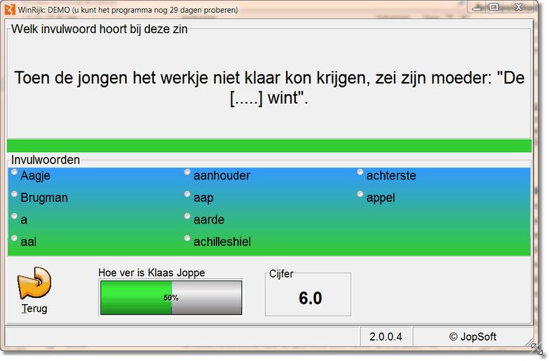 Werk 4.1 16 Vulin Als er 'invulwoord kiezen' gekozen is ziet de leerling: Wat moet de leerling weten?