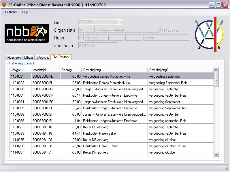 5. Het tabblad RekCourant Op dit tabblad is uw afrekening te zien. Hierop staan de wedstrijden en de reiskosten die gedeclareerd worden.