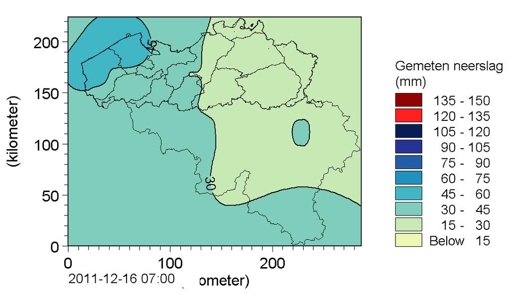 Figuur 87: Neerslag 14/12/2011, 07:00u tot 16/12/2011 07u De daaropvolgende ochtend (vrijdag 16 december) begon het opnieuw te regenen.