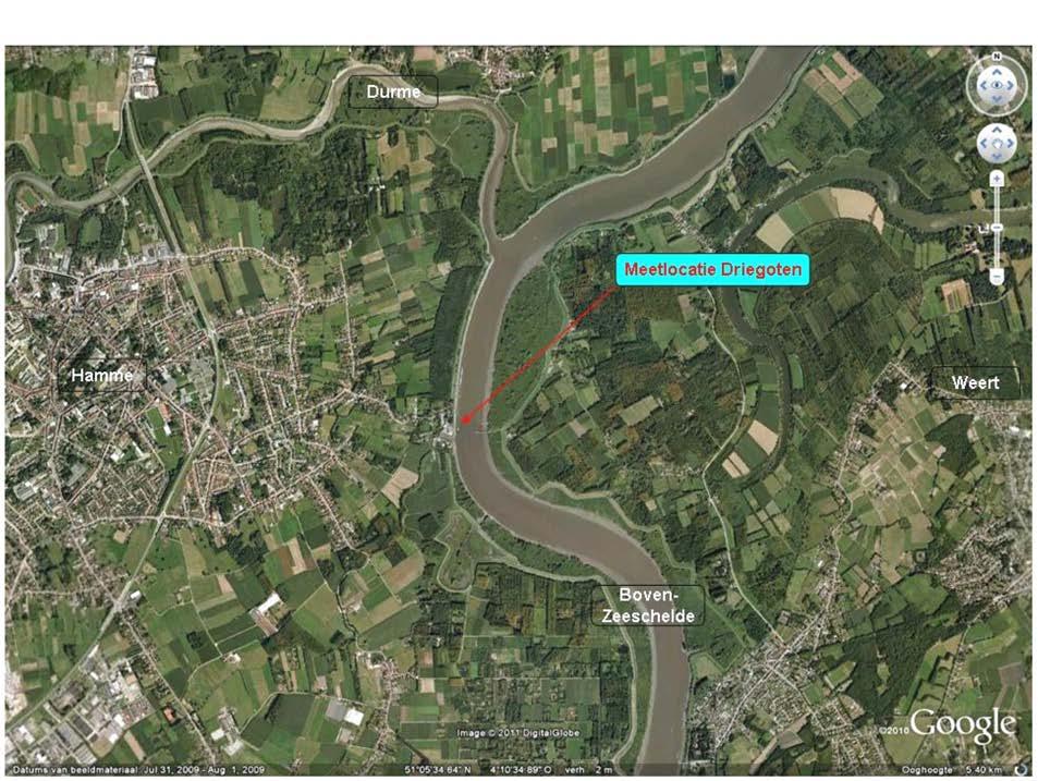 Figuur 152 - Boven-Zeeschelde te Driegoten : meetlocatie De stroomsnelheid wijst op een duidelijk ebdominante locatie.