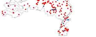 Overzicht geografische verspreiding RAVON waarnemers (rode stippen) en sleutelvrijwilligers (blauwe stippen) Veel vrijwilligers en donateurs zijn actief in het veld met inventariseren en monitoren en