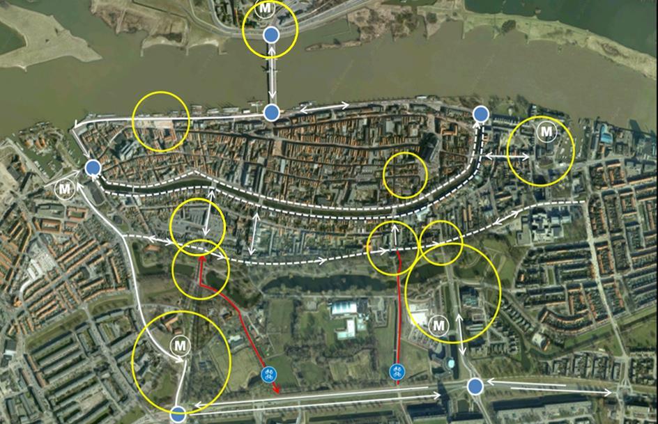 verkeersmaatregelen door te voeren zoals eenrichtingsverkeer/afsluiten van oost-west doorsnijdingen voor autoverkeer Bovenstaande hebben we uitgewerkt in een aantal situatieschetsen.