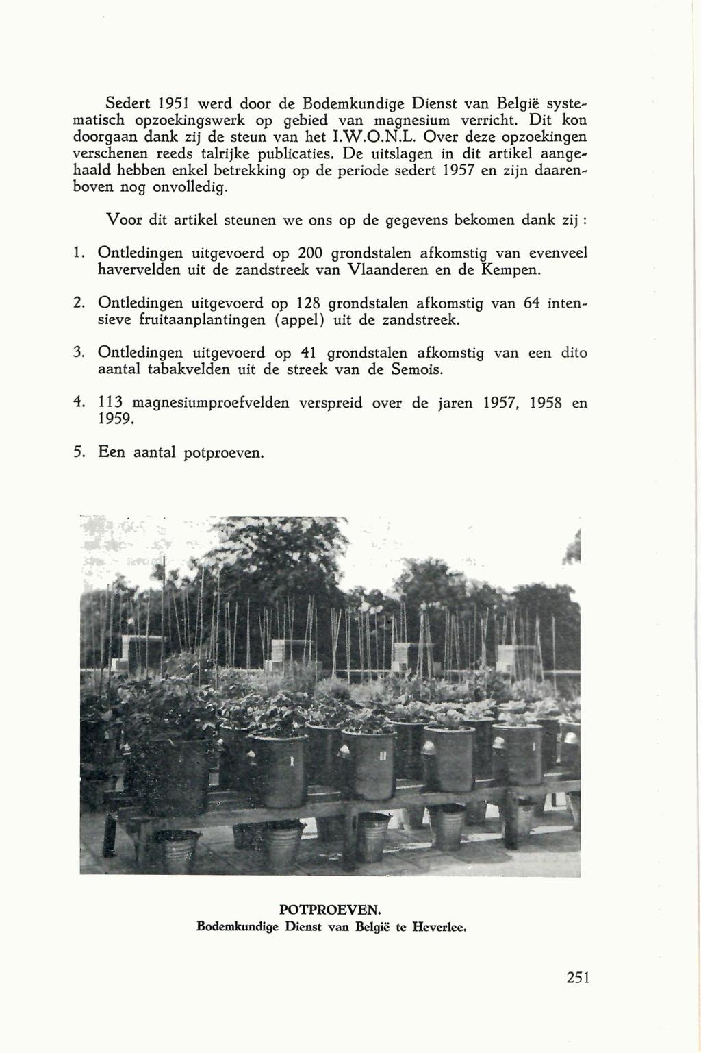 Sedert 1951 werd door de Bodemkundige Dienst van Belqie systematisch opzoekingswerk op gebied van magnesium verricht. Dit kon doorgaan dank zij de steun van het I.W.O.N.L.