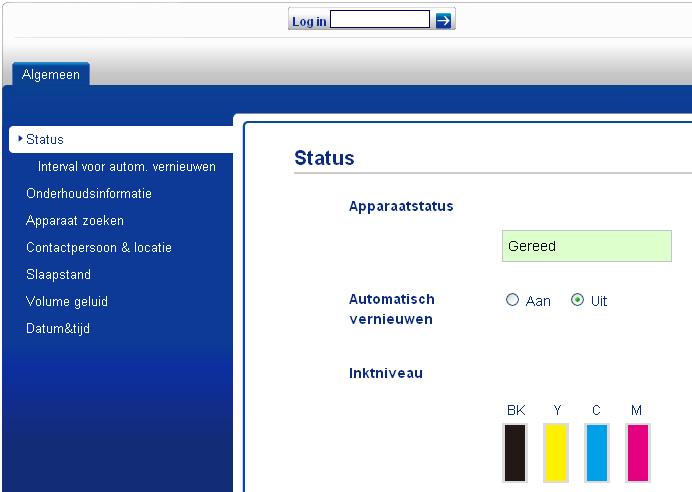 Veiligheidsfuncties c Typ een wachtwoord in het veld Log in. (Dit is een wachtwoord om in in te loggen op de webpagina van de machine, niet het beheerderwachtwoord voor Beveiligd functieslot.