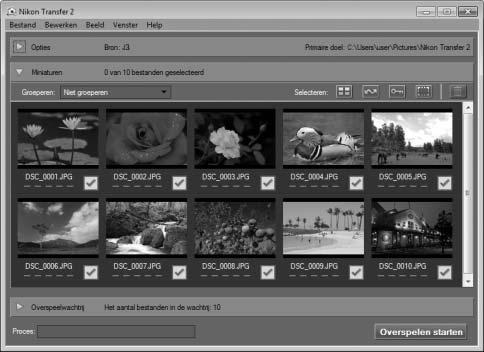 3 Klik op Overspelen starten. Bij standaardinstellingen worden alle foto s op de geheugenkaart naar de computer gekopieerd. Klik op Overspelen starten Q 4 Beëindig de verbinding.