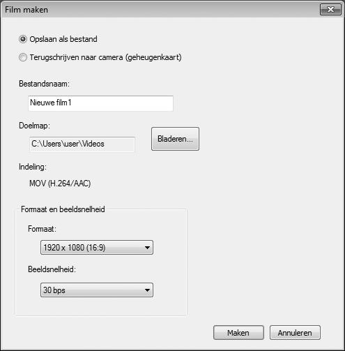 5 Sla de film op. Klik op Film maken. Het venster rechts wordt weergegeven; selecteer één van de volgende opties en klik op Maken. Opslaan als bestand: sla de film op in een map op de computer.