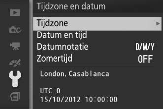 Tijdzone en datum Wijzig tijdzones, stel de cameraklok in, kies de weergavevolgorde of schakel zomertijd in of uit (0 18). Tijdzone Kies een tijdzone.