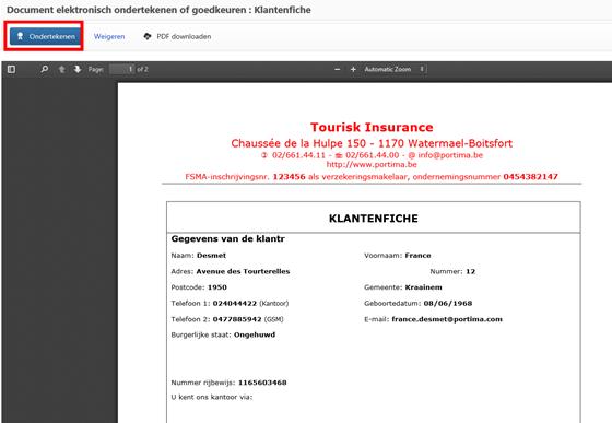 Het document verschijnt: de klant klikt daarna op de knop Ondertekenen Hij vinkt Gelezen en goedgekeurd aan en klikt op Ondertekenn.