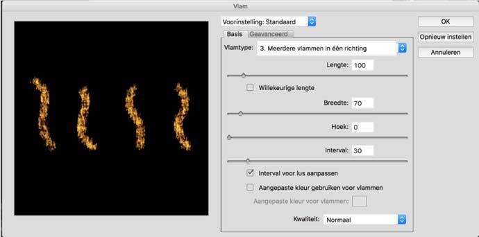 Klik wederom op een lege plaats in het palet paden en herhaal stappen 12 tot en met 14 voor de overige letters. 15. Als alle paden getrokken zijn klik je op het menu Filter, Rendering, Vlam.