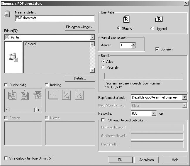 Een PDF-bestand direct afdrukken Eigenschappen PDF direct afdrukken 3 NL ASC005S 1. Naam instellen: Geeft de configuratienaam voor de plugin weer (maximaal 63 single byte tekens) 2.