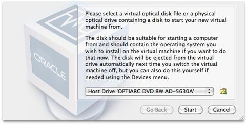 Windows installeren als virtuele machine. Dubbelklik op de net gemaakte virtuele machine en je krijgt een vraag: Hier kies je voor wat er staat (Host Drive.