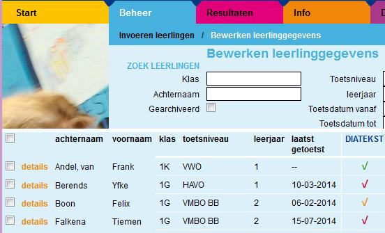 4 Resultaten bekijken in de docentmodule De resultaten van de leerlingen van uw school die met de Diatoetsen zijn getoetst vindt u in de docentmodule.