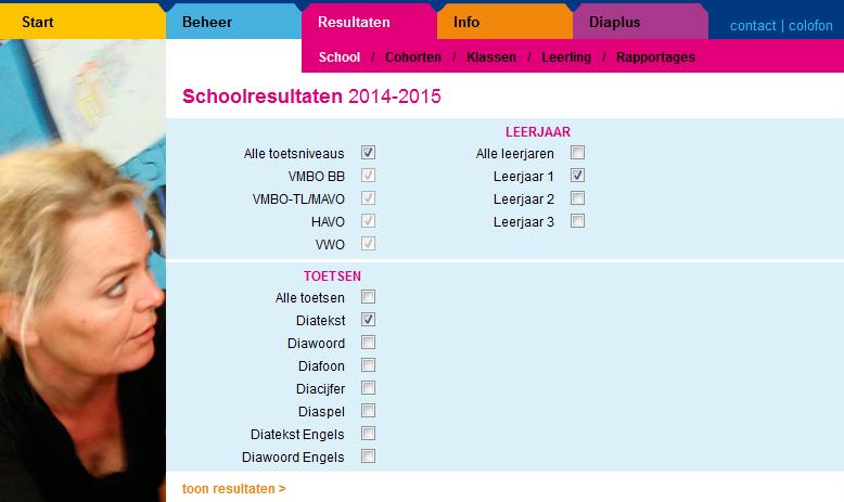 Resultaten op schoolniveau Voordat u de resultaten op schoolniveau kunt bekijken, dient u een selectie te maken van een of meer toetsniveaus, leerjaren en toetsen waarvan u de resultaten wilt inzien.