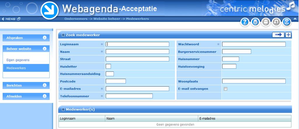 5.2 Medewerkers Scherm Voor wie? De gemeente autoriseert een ondernemer voor gebruik van de webagenda en maakt minimaal één inlogcode aan voor uw organisatie.