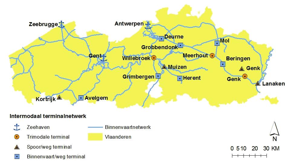 Het landschap van intermodale terminals in Vlaanderen bleef redelijk stabiel circa 2012 (figuur 4.27).