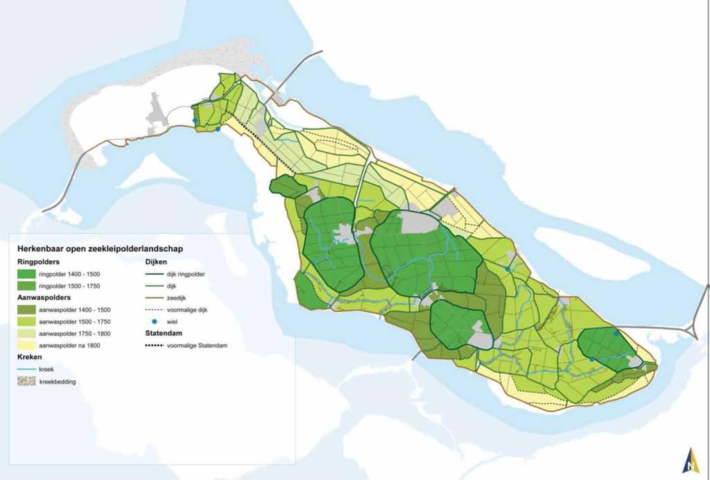 Herkenbaar open zeekleipolderlandschap BELEIDSKADER kwaliteitskaart 44 Herkenbaar houden van het patroon van (ronde) opwas- en (langgerekte) aanwaspolders door behouden en