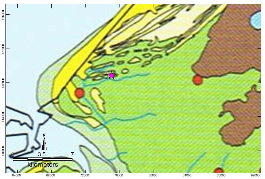 Afbeelding 4e. Paleogeografie rond 1500 na Chr. Uit paleogeografische kaarten hierboven blijkt dat het plangebied ligt een gebied waar kreken vanuit de Maasmond hun sediment hebben afgezet.