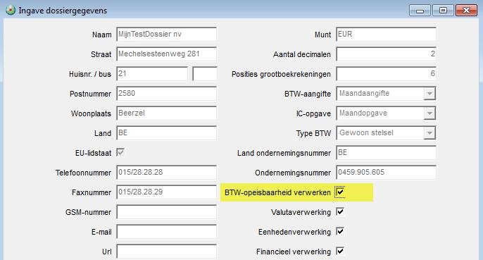 Dossiergegevens Werkwijze Per dossier maakt u de keuze of er gebruik wordt gemaakt van de programma-aanpassingen in functie van de btw-opeisbaarheid: Menu Ingave, Basisgegevens, Dossier het