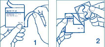 Wijze van toediening De pleister aanbrengen: 1. Neem de pleister uit het zakje zoals wordt getoond in figuren 1 en 2.